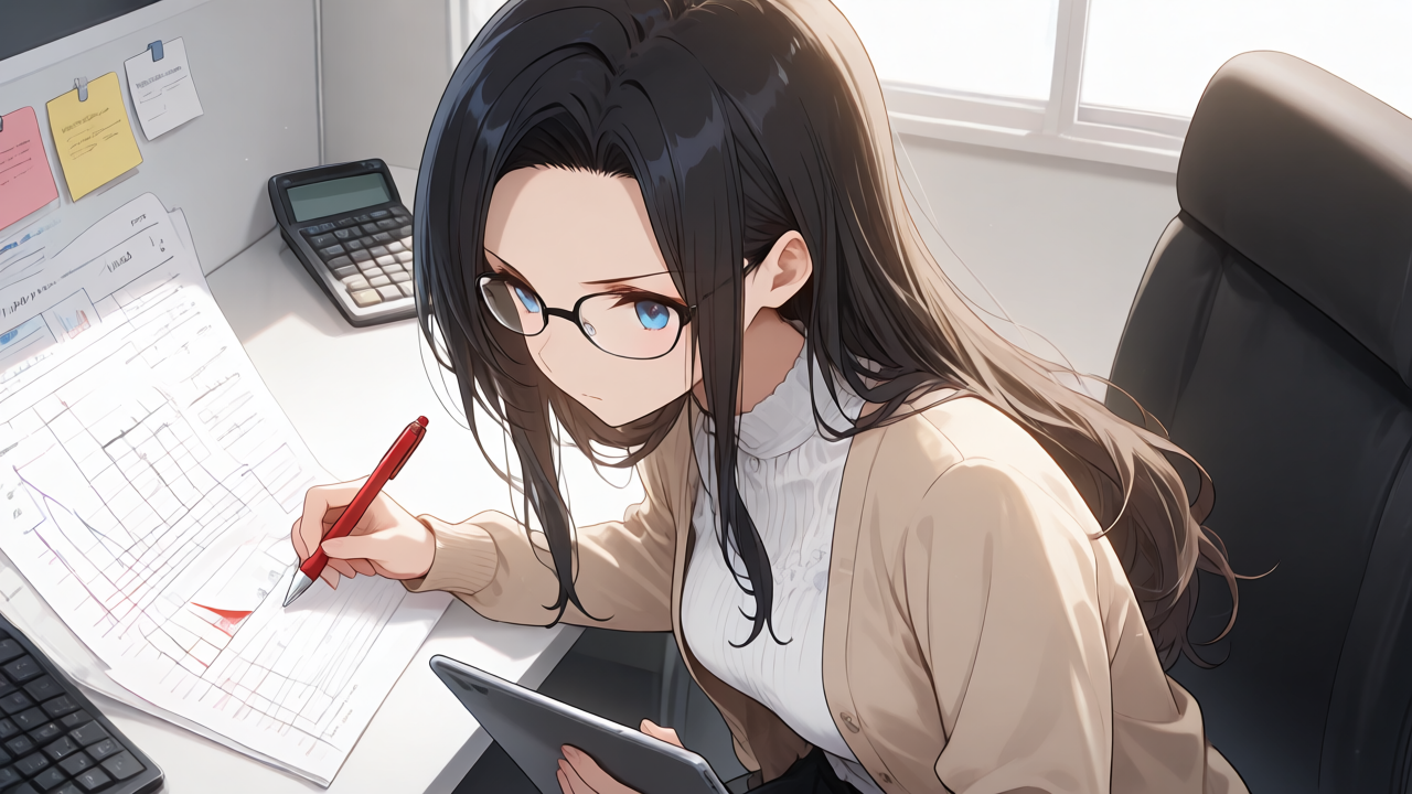 データを整理・分析している女の子のイメージイラスト