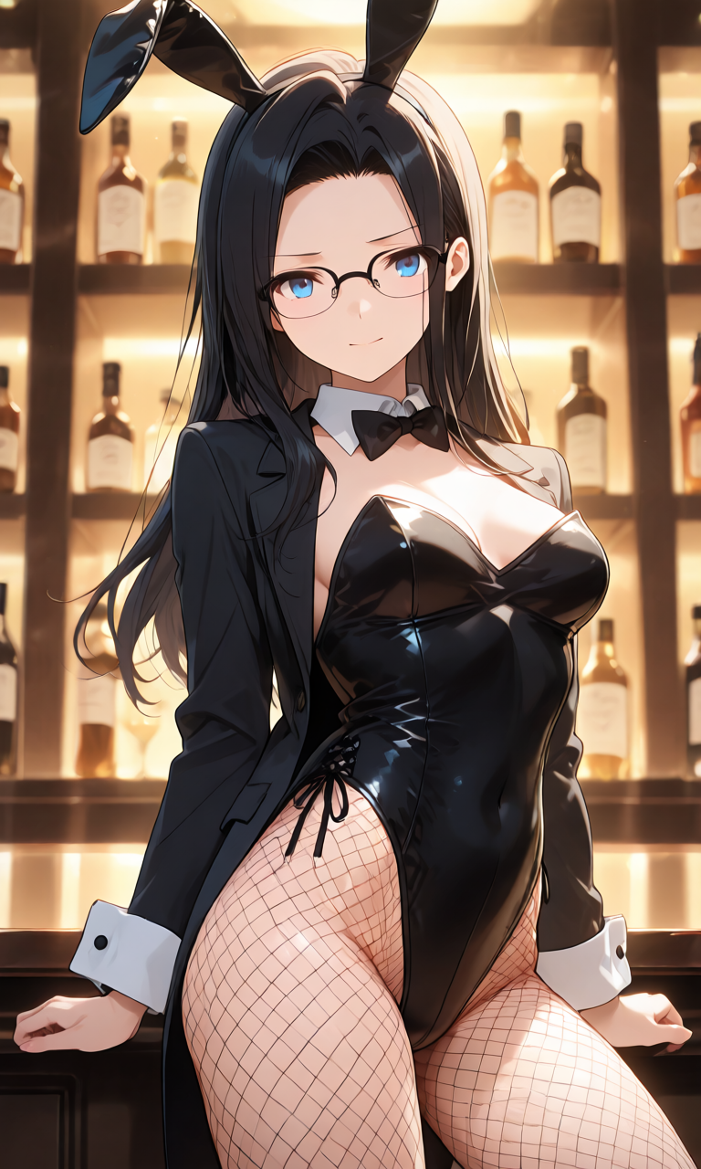 黒いレオタードのバニースーツで耳と網タイツを合わせたバニーガール姿
