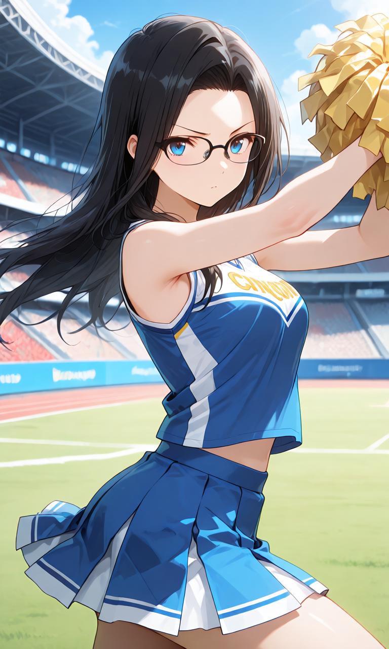 青いタンクトップとミニスカートのチアガール衣装でポンポンを持つ様子