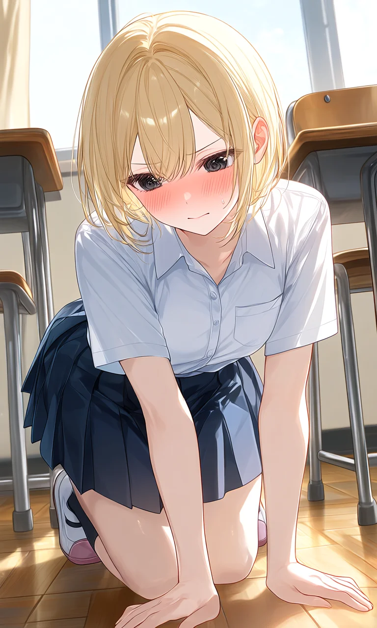 教室で制服姿の女の子が四つん這いになっている自然言語プロンプトの生成結果