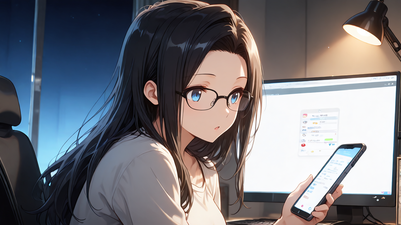 スマートフォンの通知画面を見つめる同人サークルのイラスト