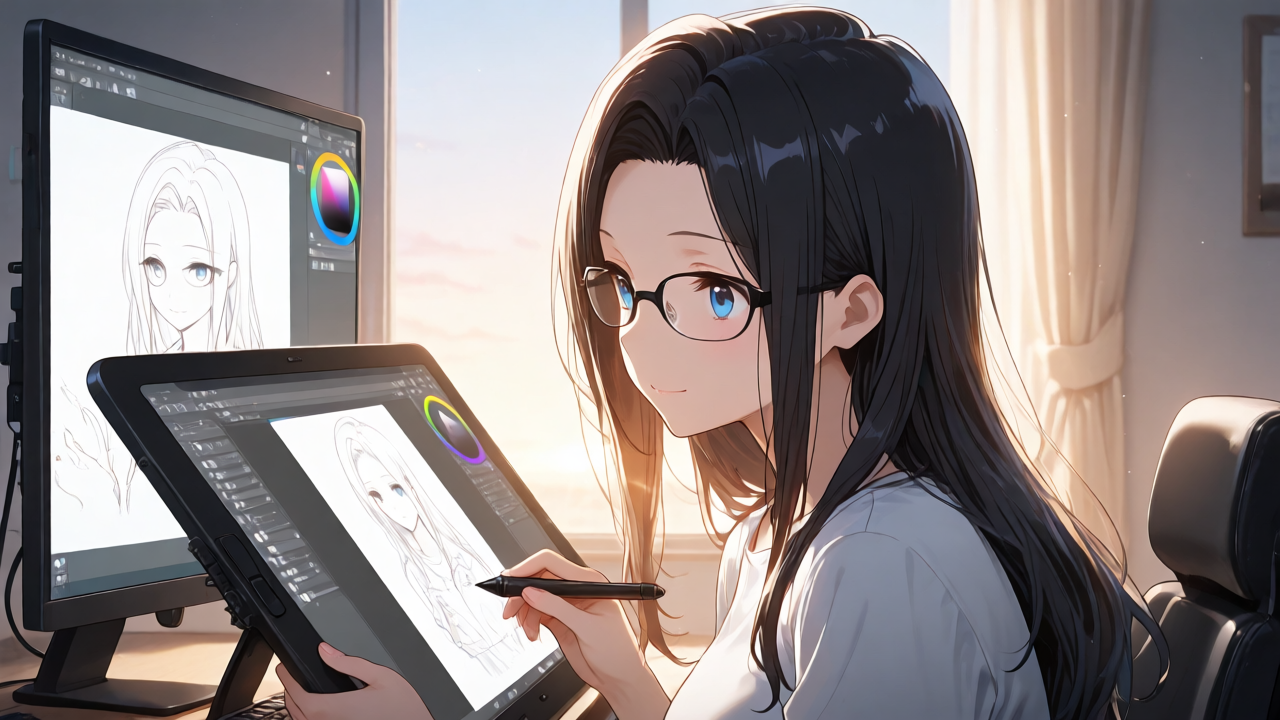 朝日を見つめながらペンタブレットを持つ同人クリエイターのイラスト
