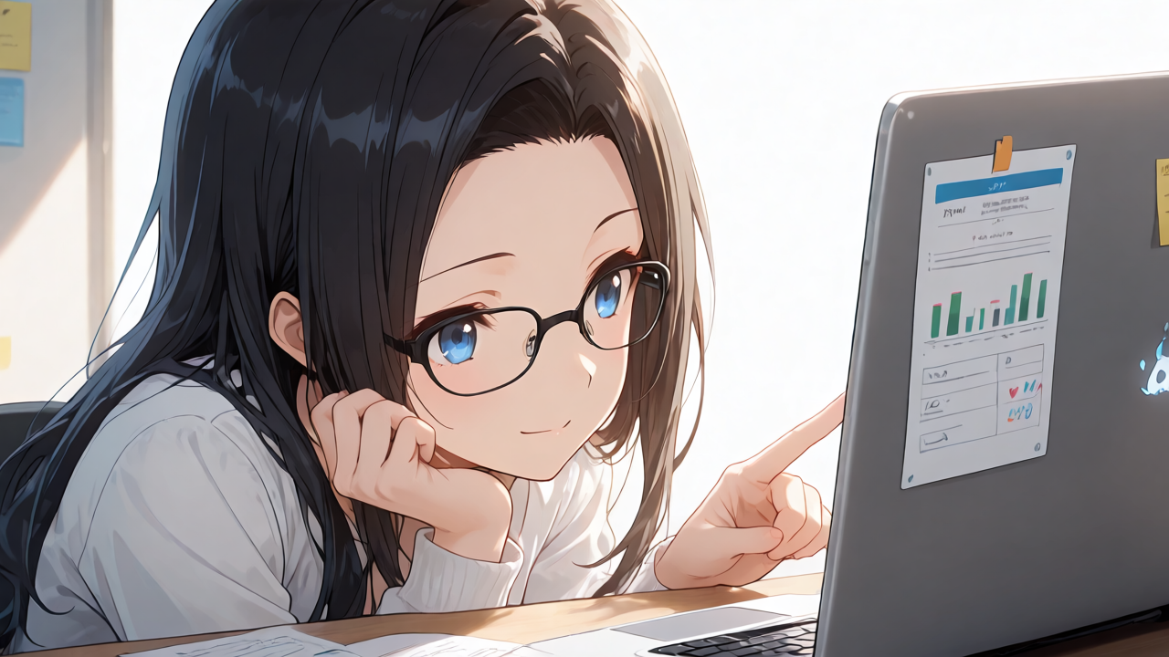 ノートパソコンのランキング画面を覗き込む女の子のイラスト