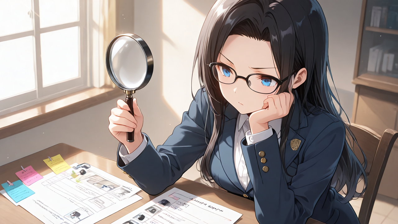 虫眼鏡でリストを確認する女の子のイラスト