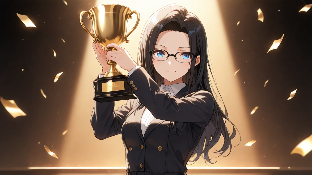 トロフィーを掲げる表彰台の女の子のイラスト