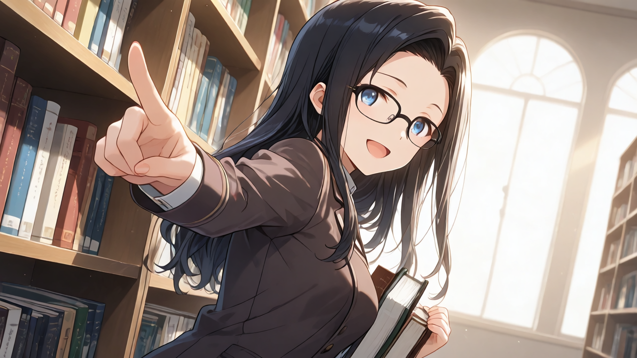 本を抱えて前方を指し示す女の子のイラスト