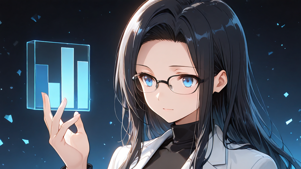 宙に浮かぶ円グラフに触れる女の子のイラスト