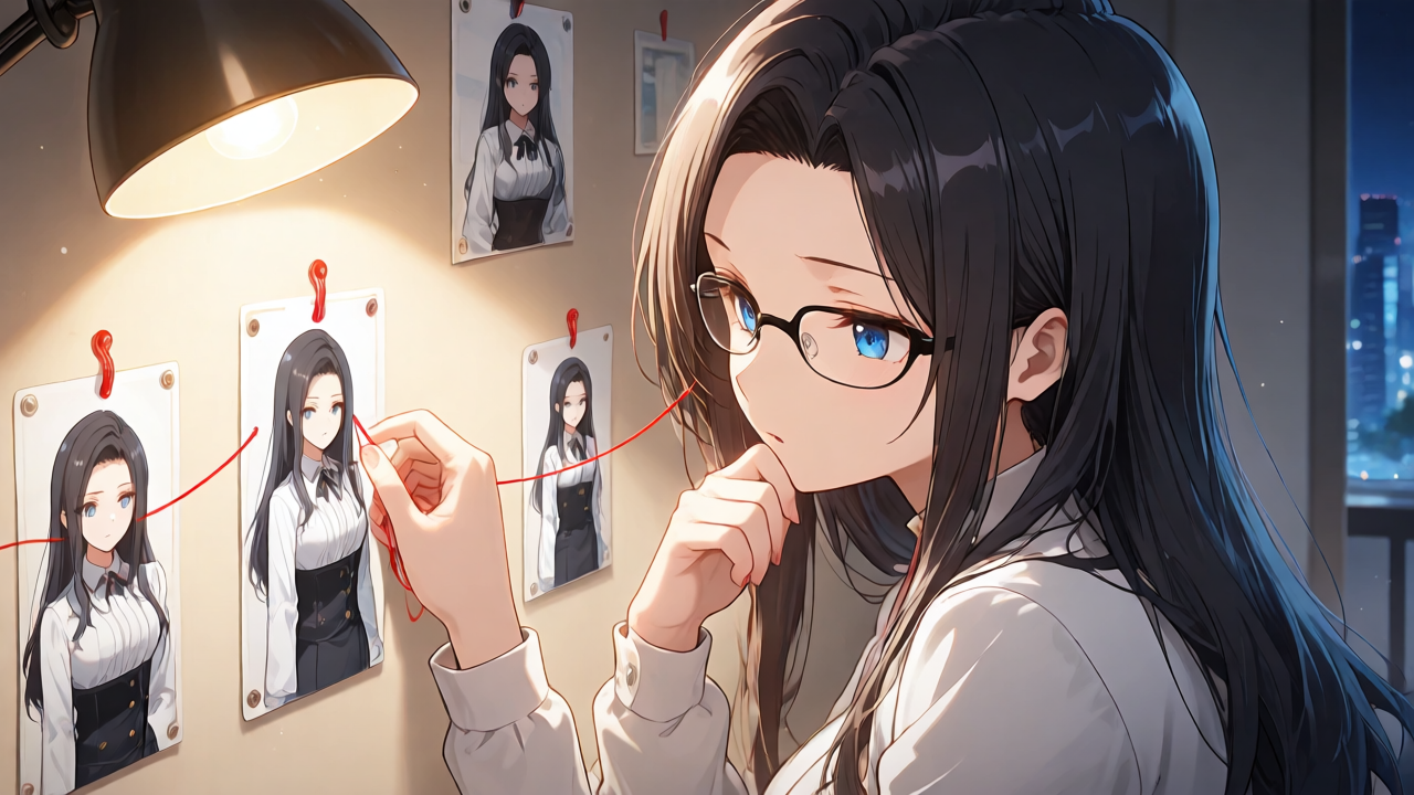 壁のカードを赤い糸で結ぶ女の子のイラスト