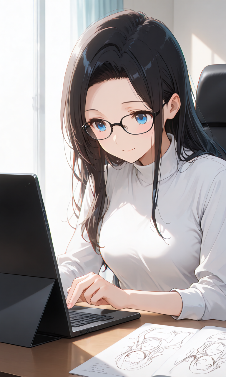 デスクでノートPCを見ながら成人向け作品の販売先を検討するクリエイターのイメージイラスト