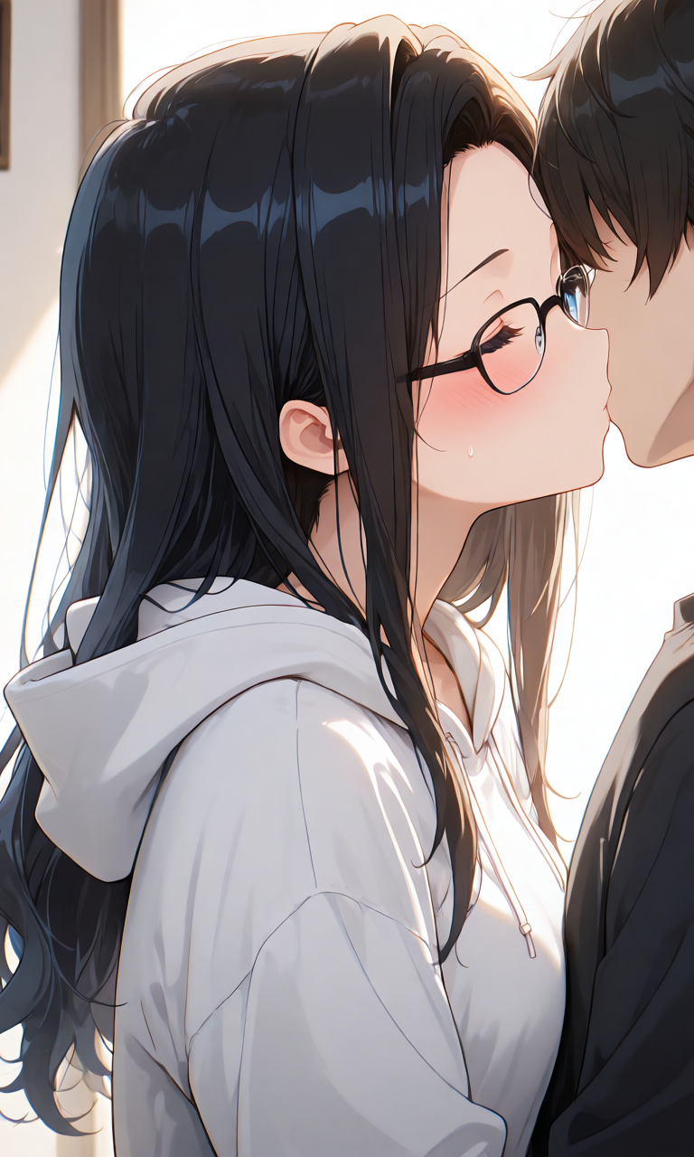 室内で寄り添いキスをするプロンプト生成例