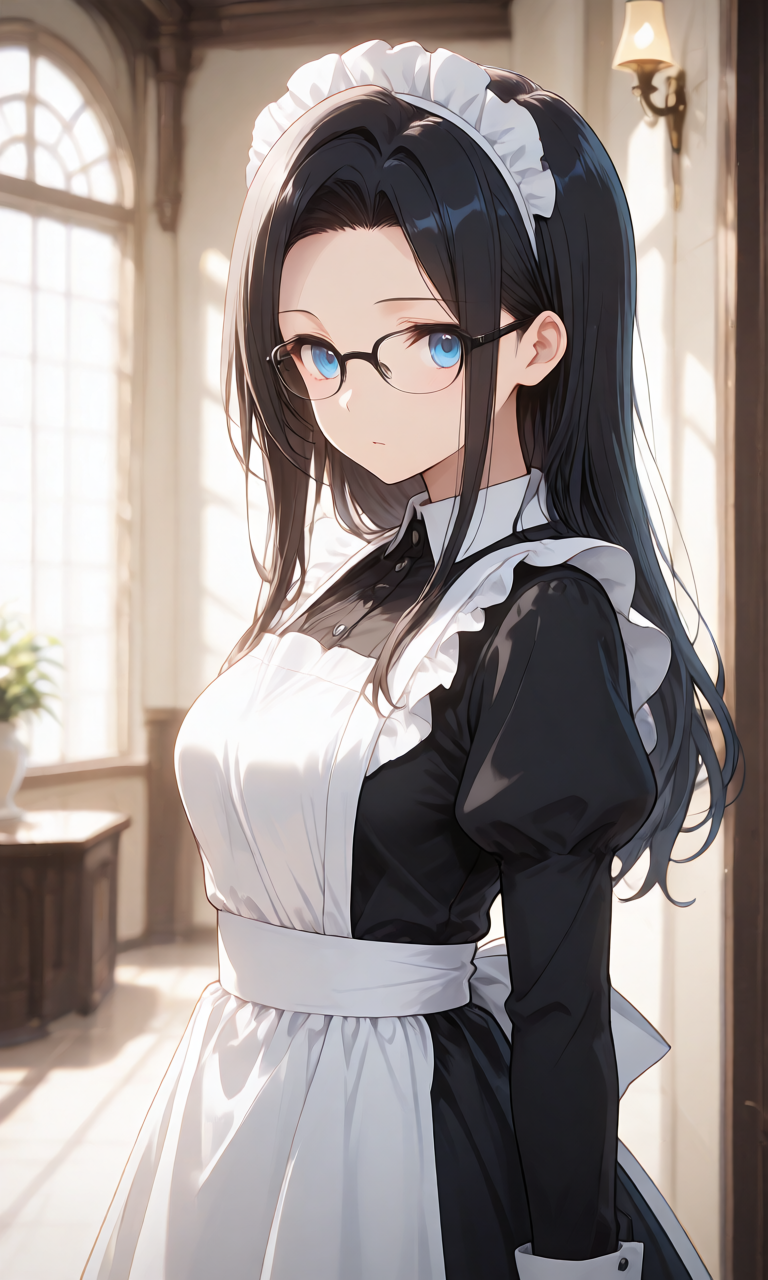 黒のワンピースに白エプロンとヘッドドレスを身につけたメイド服姿で洋館内に立つ様子