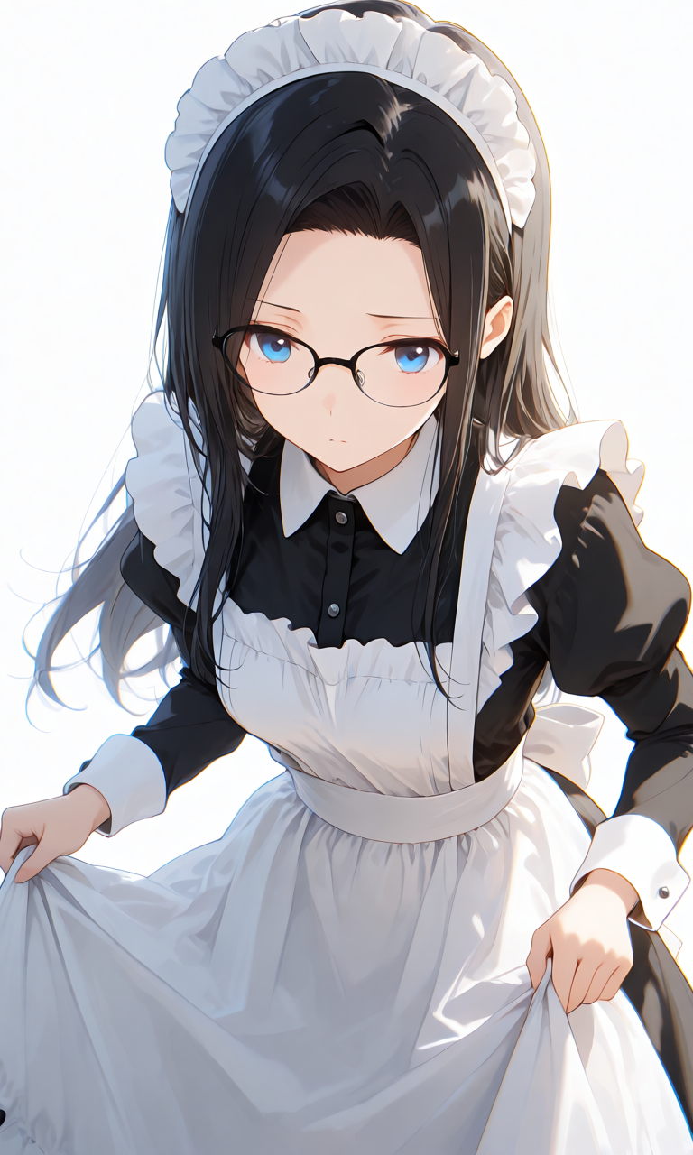 クラシックな黒白のメイド服に大きな白いヘッドドレスを合わせてお辞儀する様子