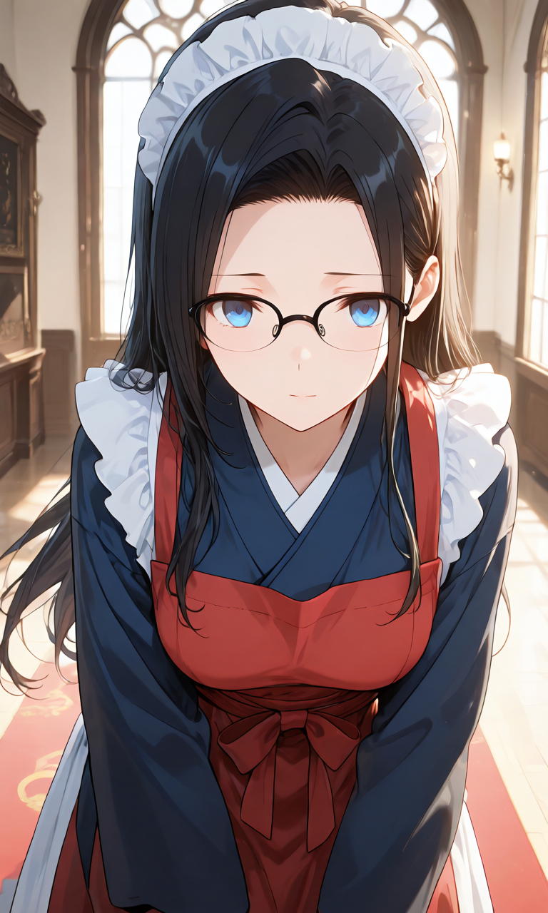 和柄のメイド服に赤い前掛けを合わせた和メイド姿でお辞儀する様子