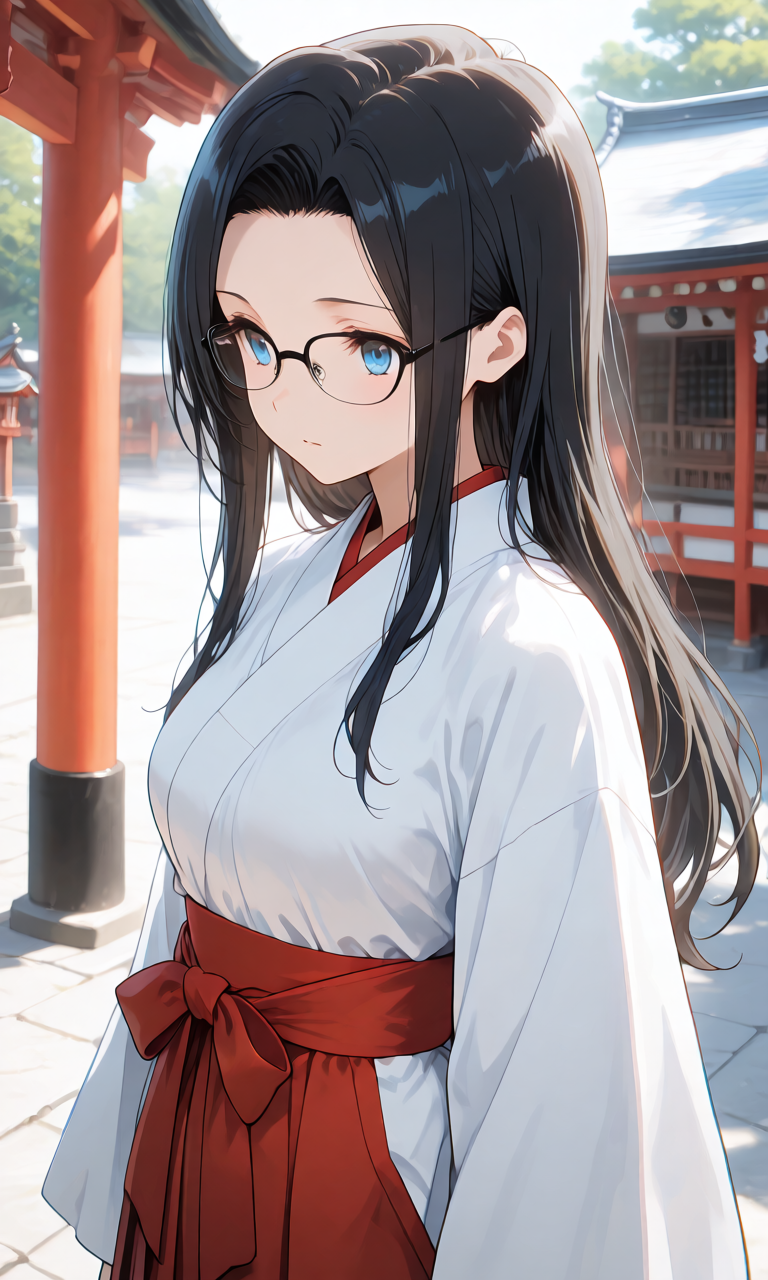 白い着物と赤い緋袴を合わせた巫女装束姿で神社の境内に立つ様子