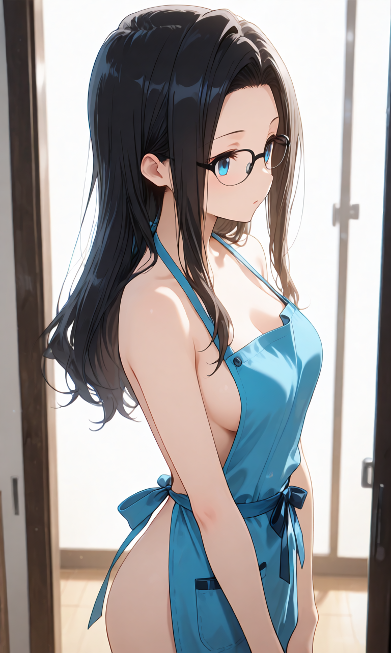エプロンだけを身につけた裸エプロン姿でリビングに立つ様子