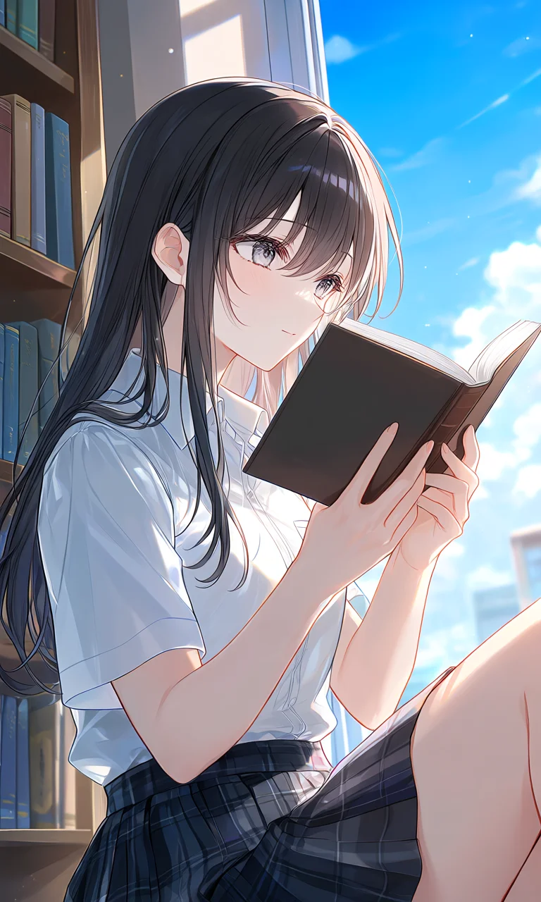 「女の子が静かな図書館の窓際で本を読んでいる」という自然言語プロンプトで生成したイラスト