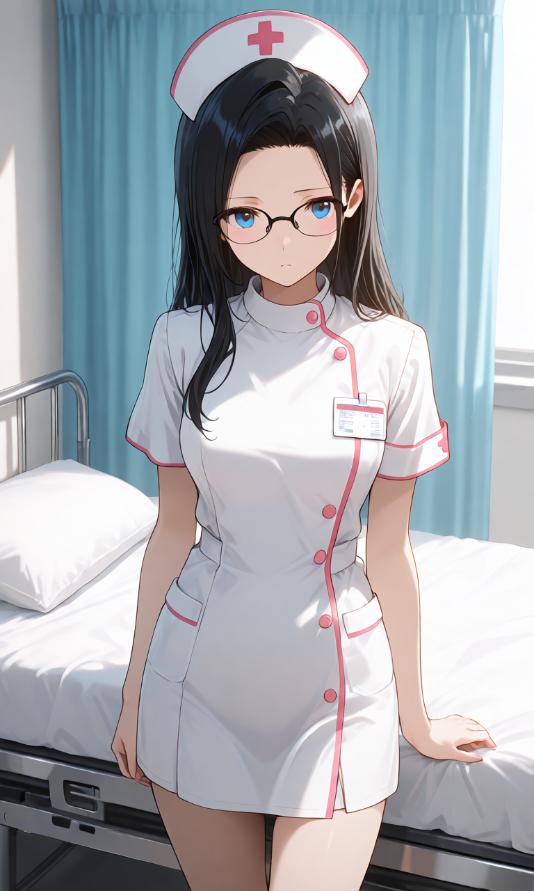 白いナース服に丸い帽子を合わせ太ももが覗く様子