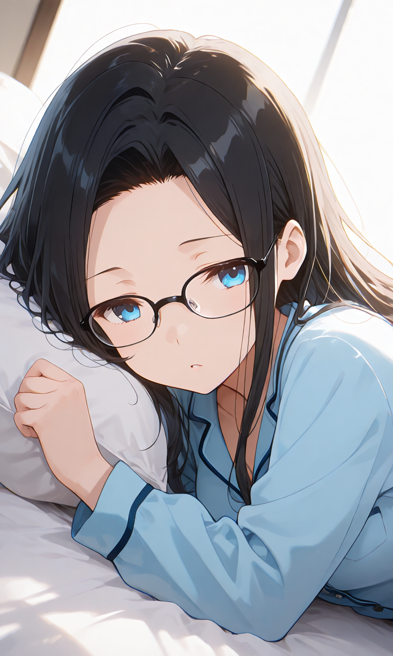 部屋着のパジャマを着てベッドに横たわり眠る様子