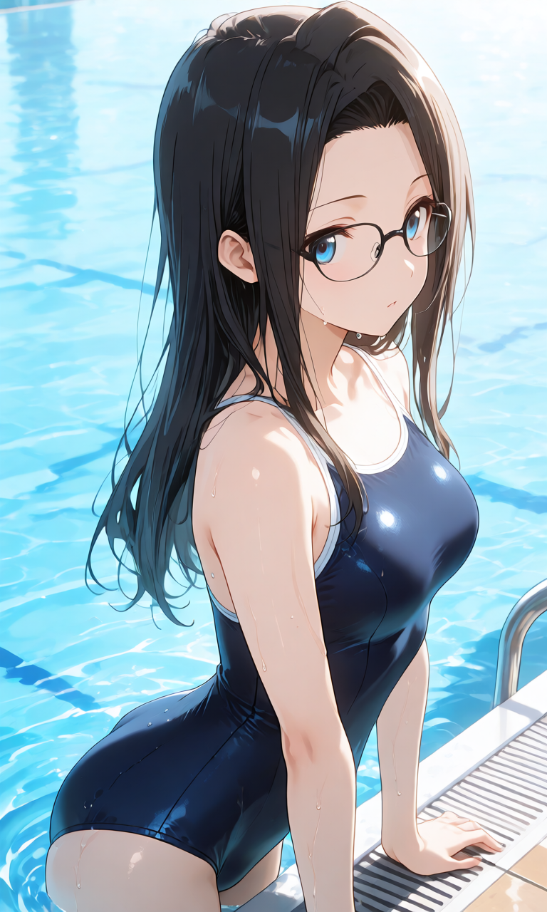 紺色のスクール水着姿で肌が水に濡れてプールサイドに立つ様子