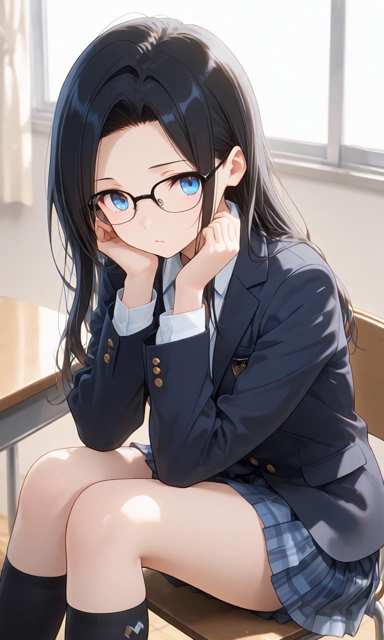 白いシャツにブレザー、プリーツスカートを合わせた学生服姿で教室の椅子に座る様子
