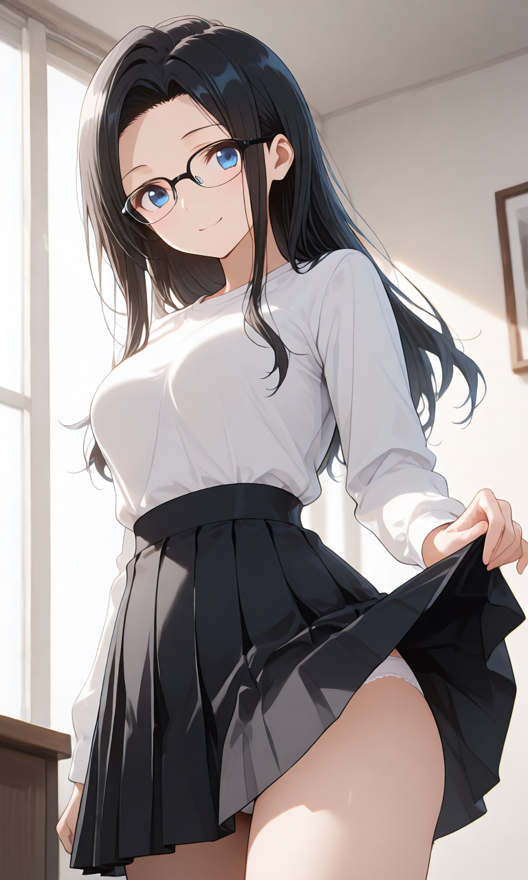 スカートをたくし上げるプロンプト生成例
