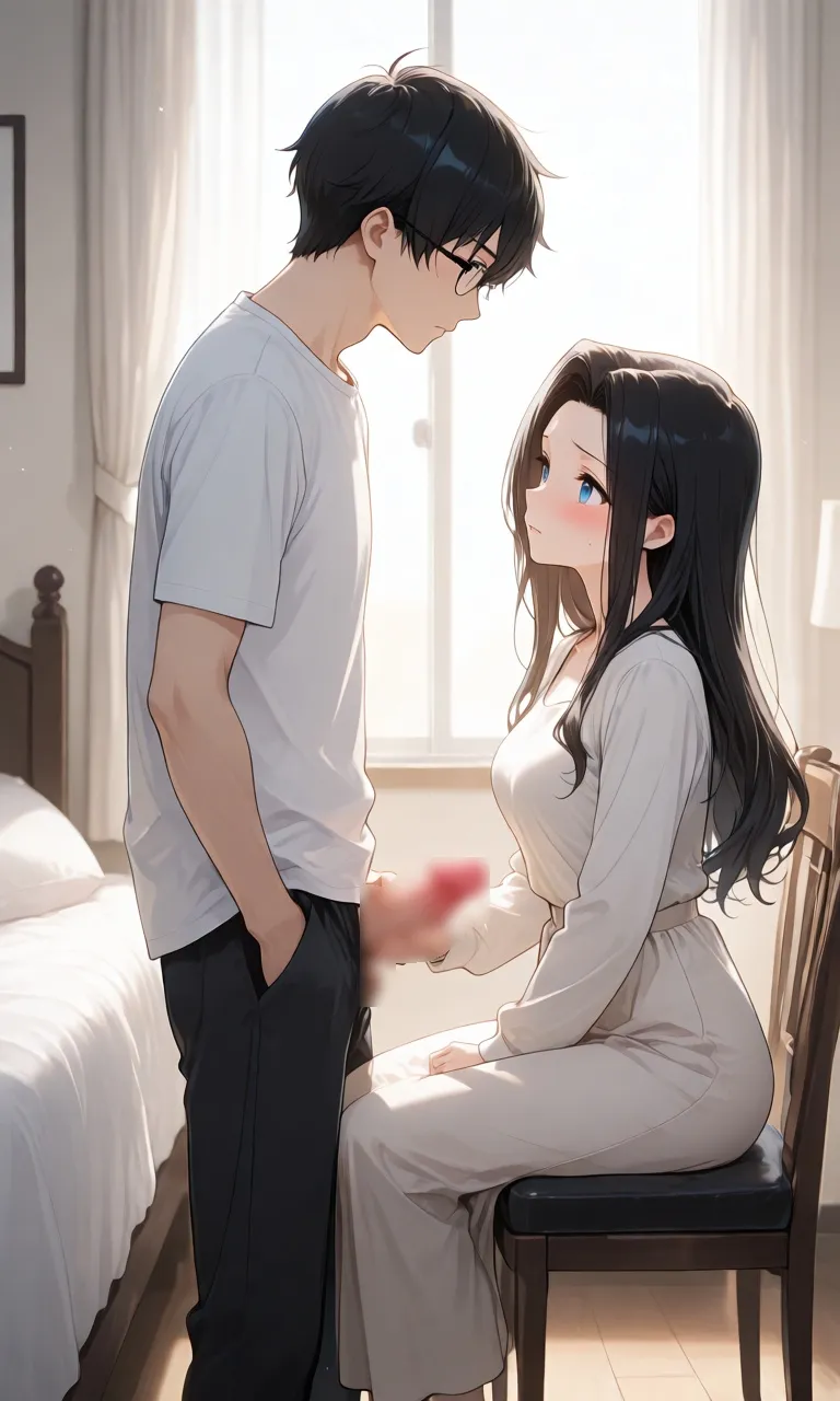 立っている男性と座っている女性の手コキ