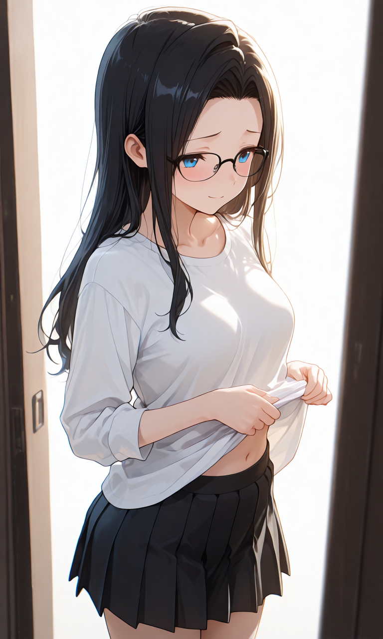 シャツをたくし上げるプロンプト生成例