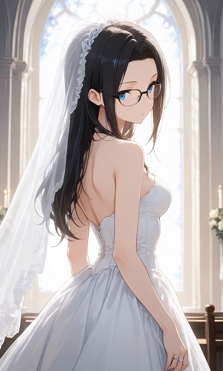 白いウェディングドレスに指輪とベールを合わせ振り返る様子
